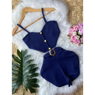 Cropped feminino + jardineira vermelha, promoção só hoje! - Conjunto Azul
