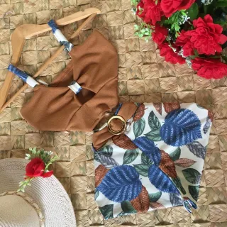 Cropped feminino + jardineira vermelha, promoção só hoje! - Conjunto Azul