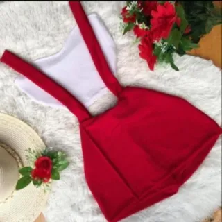 Cropped feminino + jardineira vermelha, promoção só hoje! - Conjunto Azul