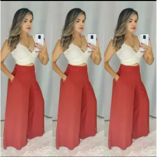 Pantalona Feminina em viscolinho P/M/G - vinho-sem cinto