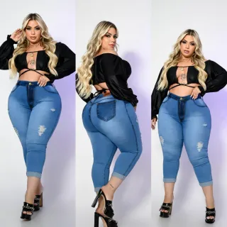 Premier Plus Size Calça Capri em Jeans - LQC01
