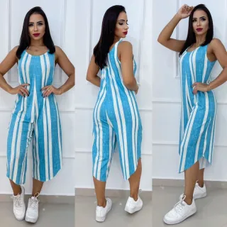 Confortável macacão feminino pantacourt manga regata elegante casual - Duas Listras Preto Elegante