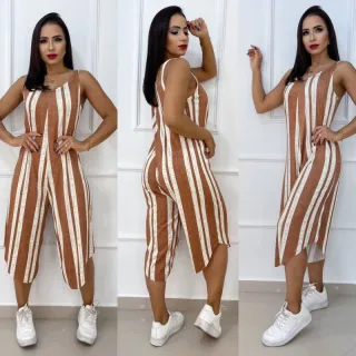 Confortável macacão feminino pantacourt manga regata elegante casual - Duas Listras Preto Elegante