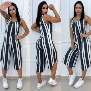 Confortável macacão feminino pantacourt manga regata elegante casual - Duas Listras Preto Elegante