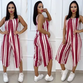 Confortável macacão feminino pantacourt manga regata elegante casual - Duas Listras Preto Elegante