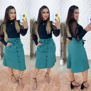 Saia evase com cinto e botões falsos em bengaline - Preto Jeans