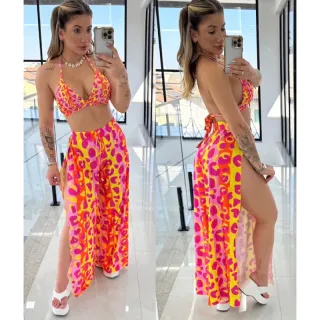 Moda praia feminina: conjunto de biquíni e calça pantalona para saída - KIT ESTAMPA I- ASA DELTA