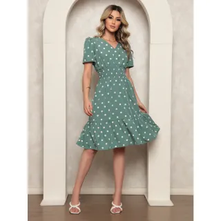 Vestido de Crepinho Midi Feminino Poá Liso - Ombro à Ombro - Modelo2 liso limao