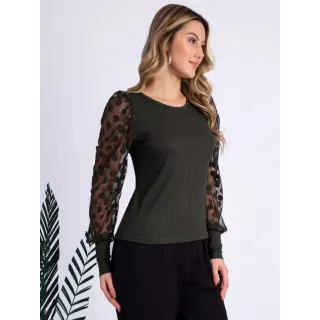 Moda Gringa: Blusa Manga Longa Princesa Bufante Malha Canelada - Verde Militar