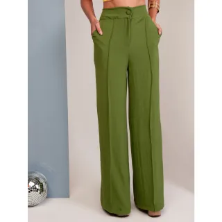 Calça alfaiataria cintura alta pantalona com elástico lisa - Cor:Verde