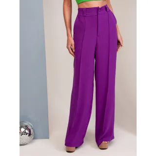 Calça alfaiataria cintura alta pantalona com elástico lisa - Cor:Verde