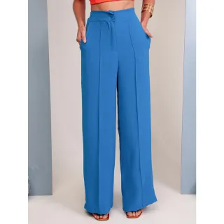 Calça alfaiataria cintura alta pantalona com elástico lisa - Cor:Verde