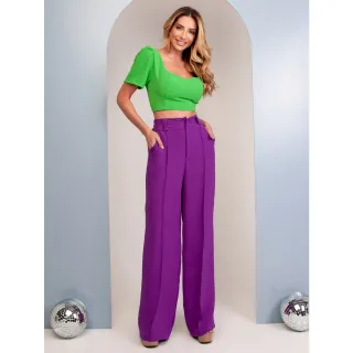 Calça alfaiataria cintura alta pantalona com elástico lisa - Cor:Verde