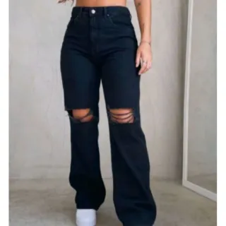 Pantalona jeans feminina wide leg - Raryel - Calça Preta Premium