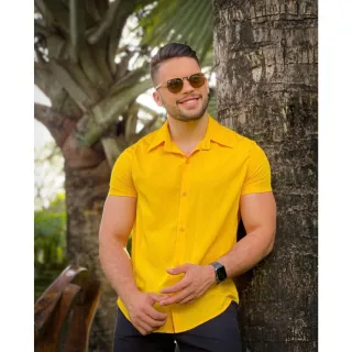 Camisa Social Masculina Havaiana Verão - Manga Curta Lisa Básica - Branco