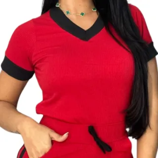 Blusa e Short Vermelho Conjunto Feminino Malha Ribana Canelada - Vermelha