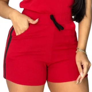Blusa e Short Vermelho Conjunto Feminino Malha Ribana Canelada - Vermelha