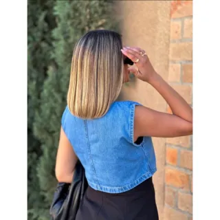 Feminina blusa top denim colete com bolso e botão frontal - Colete jeans 049