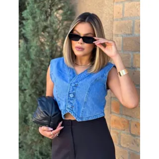 Feminina blusa top denim colete com bolso e botão frontal - Colete jeans 049