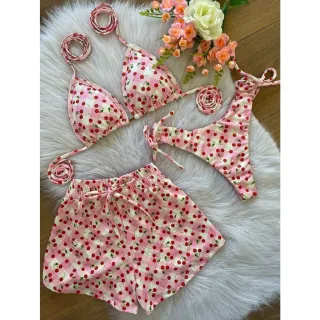 Moda Verão: Conjunto Biquíni Feminino Kit 3 em 1 - Biquine, Shorts e Saída de Praia - CONCHA