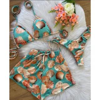Moda Verão: Conjunto Biquíni Feminino Kit 3 em 1 - Biquine, Shorts e Saída de Praia - CONCHA