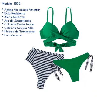 Calcinha Alta Hot Pants Biquíni Bojo Resistente Amarração 3 Peças - Vermelho  (3535)