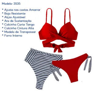 Calcinha Alta Hot Pants Biquíni Bojo Resistente Amarração 3 Peças - Vermelho  (3535)