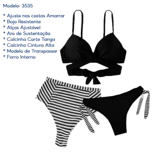 Calcinha Alta Hot Pants Biquíni Bojo Resistente Amarração 3 Peças - Vermelho  (3535)