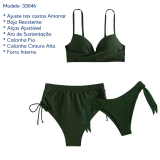 Calcinha Alta Hot Pants Biquíni Bojo Resistente Amarração 3 Peças - Vermelho  (3535)