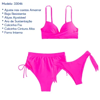 Calcinha Alta Hot Pants Biquíni Bojo Resistente Amarração 3 Peças - Vermelho  (3535)
