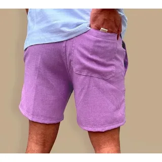 Bermuda Moda Praia Masculina Mauricinho em Brim Linho com Cadarço e Bolsos - Vinho