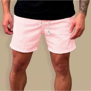 Bermuda Moda Praia Masculina Mauricinho em Brim Linho com Cadarço e Bolsos - Vinho