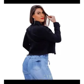 Jaqueta feminina cropped jeans bege/preta/azul - Jeans Preta