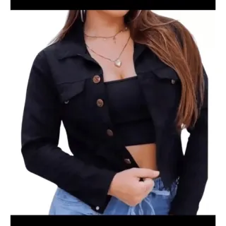 Jaqueta feminina cropped jeans bege/preta/azul - Jeans Preta