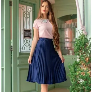 Moda Evangelica Saia Plissada Midi Com Forro Varias Cores - Cor aleatório