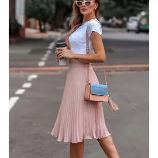Moda Evangelica Saia Plissada Midi Com Forro Varias Cores - Cor aleatório