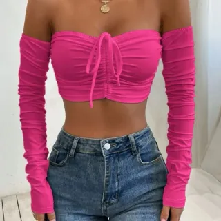 Tendência Ciganinha: Cropped Feminino Franzido Ombro a Ombro - Preto