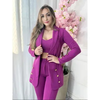 Conjunto Premium Max Blazer, Calça e Cropped em Neoprene Feminino - Pink