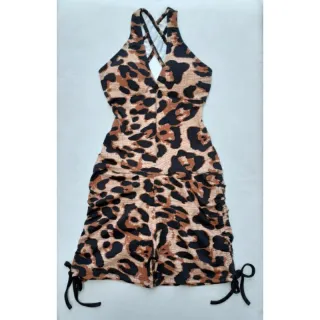 Suplex Fitness Feminino Macaquinho Curto Levanta Bumbum com Cordinhas Reguláveis Laterais - Onça Caramelo