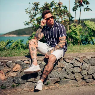 Camisa Slim Estampada Listrada Verão 2024 - Raryel - Marinho Elementos