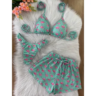 Shorts biquíni 3 em 1 cortininha com kit