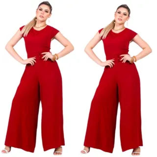 Longo Macacão Pantalona Plus Size com Mangas Curtas - Vermelho