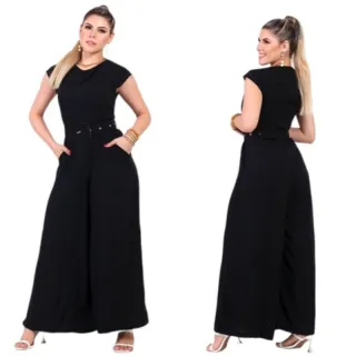 Longo Macacão Pantalona Plus Size com Mangas Curtas - Vermelho