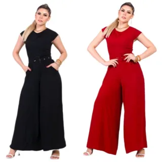 Longo Macacão Pantalona Plus Size com Mangas Curtas - Vermelho