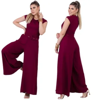 Longo Macacão Pantalona Plus Size com Mangas Curtas - Vermelho