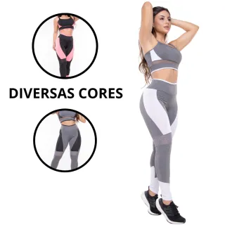 Roupa Fitness Conjunto Top e Calça Legging Feminina - CINZA/ROSA