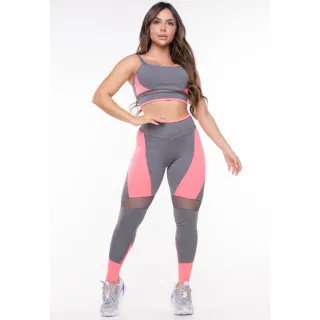 Roupa Fitness Conjunto Top e Calça Legging Feminina - CINZA/ROSA
