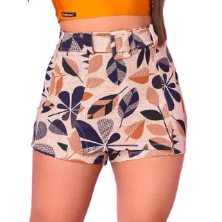 Saia Feminina Floral com Fivela e Cinto Fake - Crepe de Malha - S.A Poa Azul