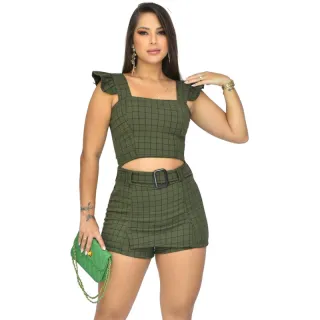 Conjunto Croped e Short Saia Xadrez em Crepe de Malha - C.S.A Laranja Xadrez