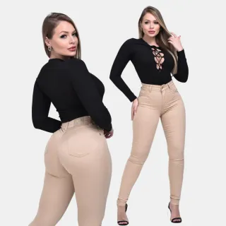 Calça Cintura Alta Feminina Sarja Bege Skinny Modeladora - Rose
